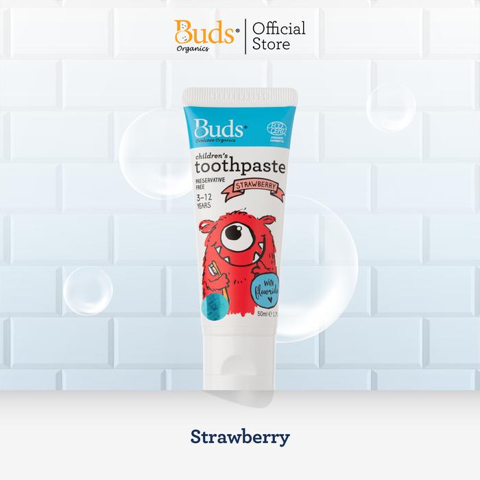 Gambar Buds Organics Toothpaste With Fluoride 3-12 Thn - Pasta Gigi Odol Bayi - Strawberry, 1pcs dari Buds Organics Indonesia undefined Tokopedia