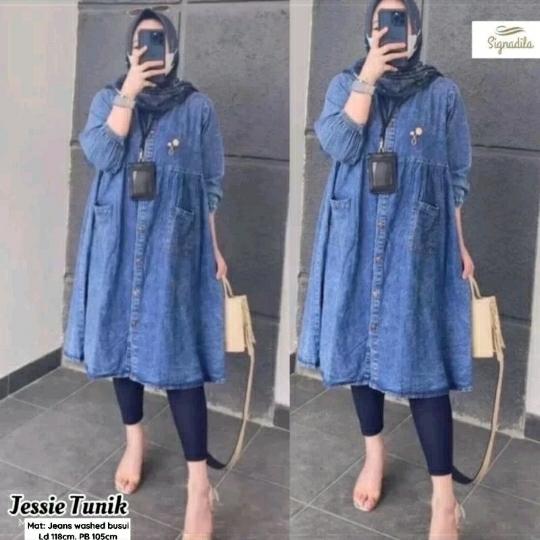 Gambar tunik jeans wanita jumbo atasan muslim kemeja denim bw9156 jessie - snow blue dari marshaimarah undefined Tokopedia