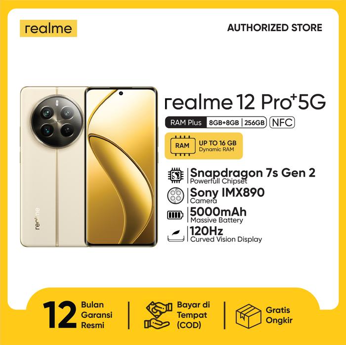 Gambar realme 12 Pro Plus 5G 8+8/256GB HP Snapdragon 7z Gen 2 | 120Hz | NFC - Navigator Biege dari realmeofficialpartner undefined Tokopedia