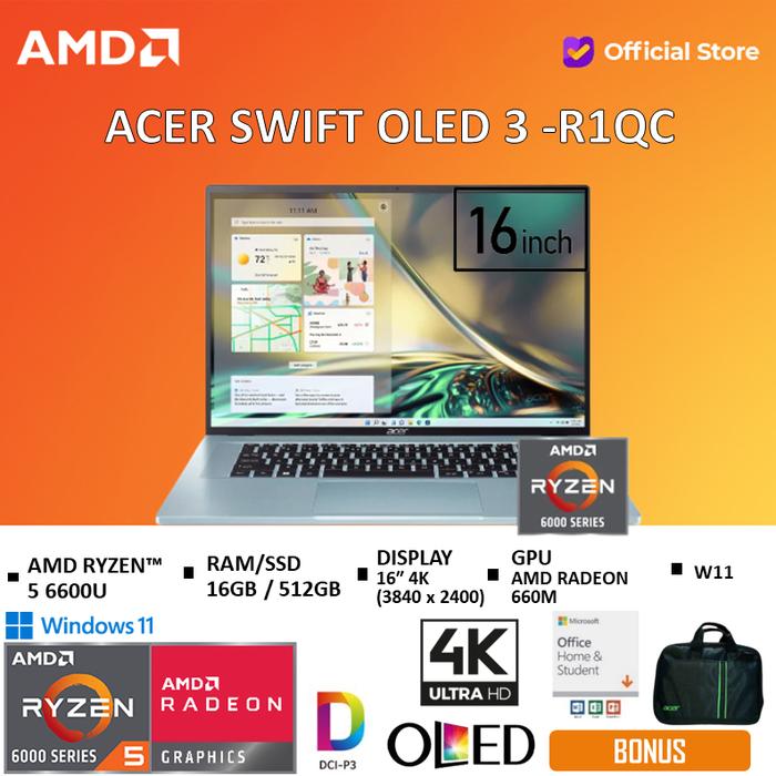 Gambar ACER SWIFT OLED 3 | R5 6600U 16GB 512SSD RADEON 660M W11 16" 4K -R1QC - Sparkling Blue, Standard dari AMD Official Store undefined Tokopedia