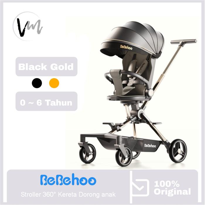 Gambar BEBEHOO ST301 STroller 360°  folding trike 4 wheels Kereta Dorong Bayi Strap Roda - Black Gold dari Venus Mobile undefined Tokopedia