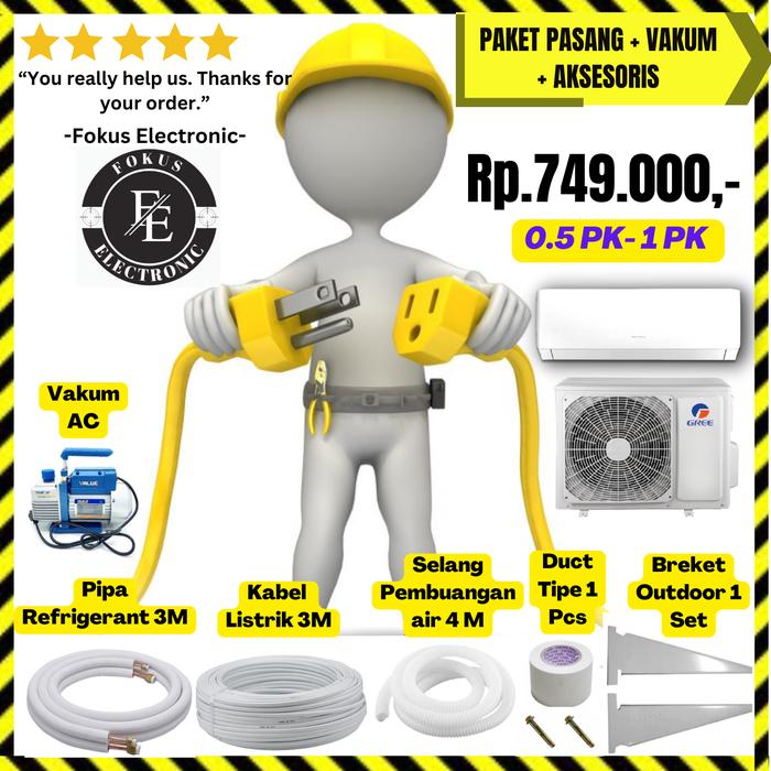 Gambar Paket Pasang+ Vakum+ Aksesoris - Pipa Tembaga, Kabel, Drain Air,breket - Paket 0.5PK-1PK dari Fokus Electronic Store undefined Tokopedia