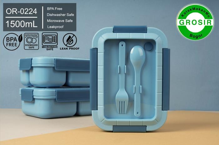 Gambar Lunchbox Set 3 Sekat Microwavable 1500 ml Anti Tumpah + Sendok - Bpa Free - OR 0224 - Biru dari Ollahomeliving undefined Tokopedia