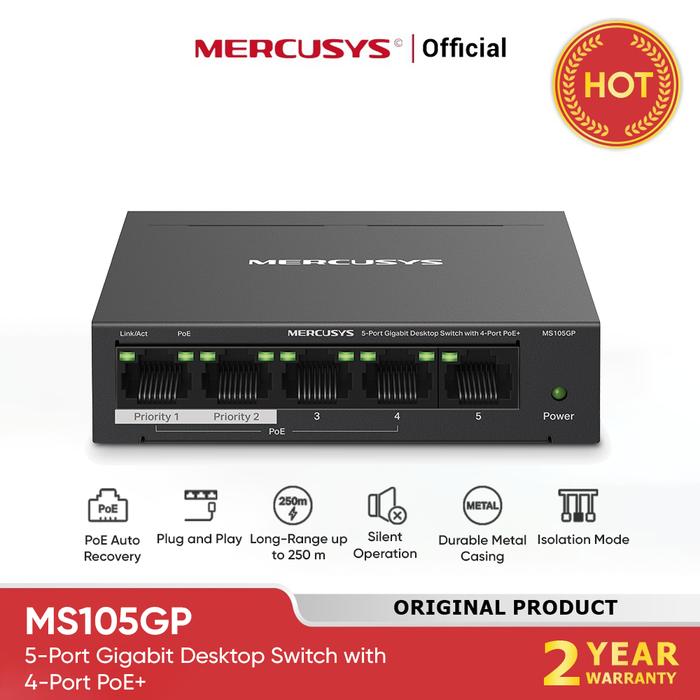 Promo MERCUSYS MS105GP 5-Port Gigabit Desktop Switch with 4-Port PoE+ ...