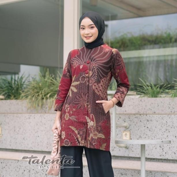 Gambar atasan batik wanita modern dress tunik batik kerja premium Peach Jumbo - Merah, XXXL dari BATIK BAGUS JAKARTA undefined Tokopedia