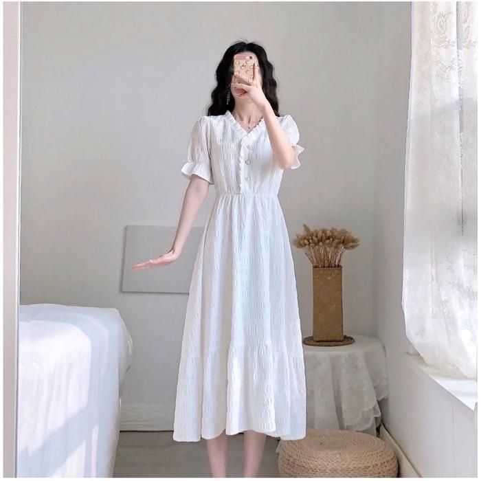 Jual Midi Flare Dress V-Neck Short Sleeve Korean Vintage Style/Dress putih  - S - Kota Bekasi - Rinstuff88 | Tokopedia