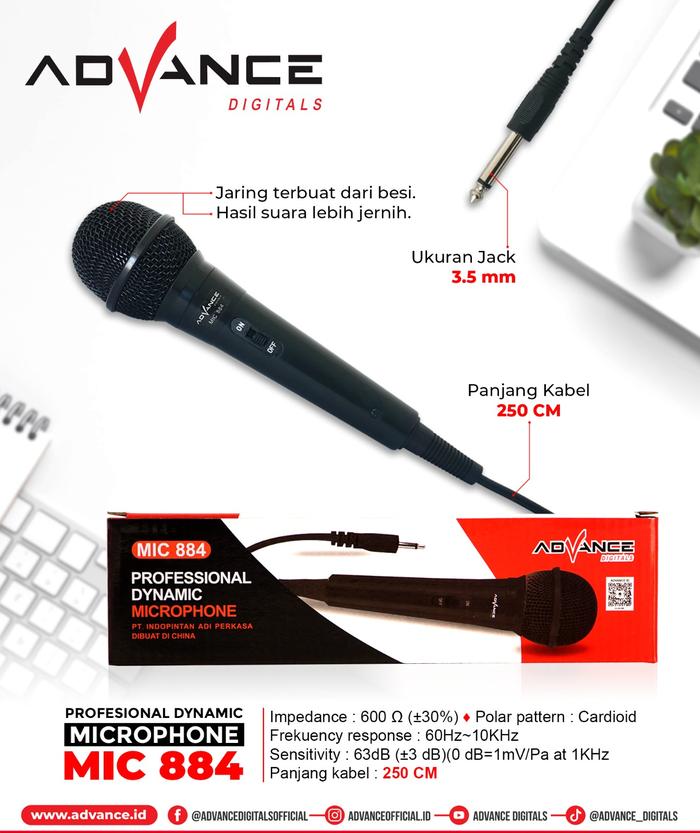 Gambar Microphone Advance Mic-884 Mic Karaoke Profesional Dynamic Mic Kabel - JACK-3.5MM dari Advance Digitals Store1 undefined Tokopedia