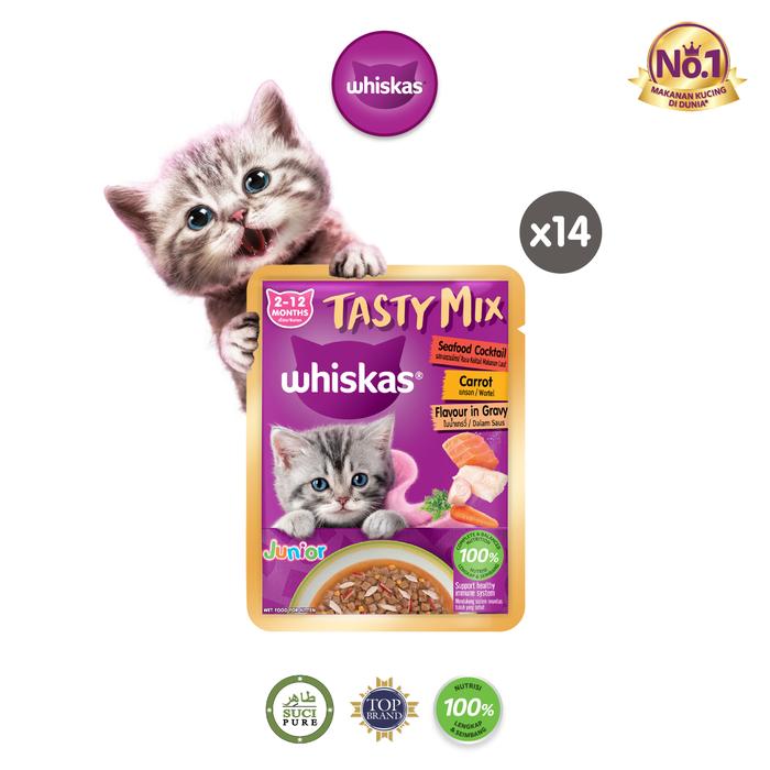 Gambar Whiskas Tasty Mix Gravy Makanan Kucing Basah Pouch Junior 70 gr - Isi 14 - Seafood Carrot dari Whiskas Indonesia undefined Tokopedia
