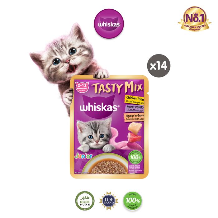 Gambar Whiskas Tasty Mix Gravy Makanan Kucing Basah Pouch Junior 70 gr - Isi 14 - Chicken Tuna dari Whiskas Indonesia undefined Tokopedia