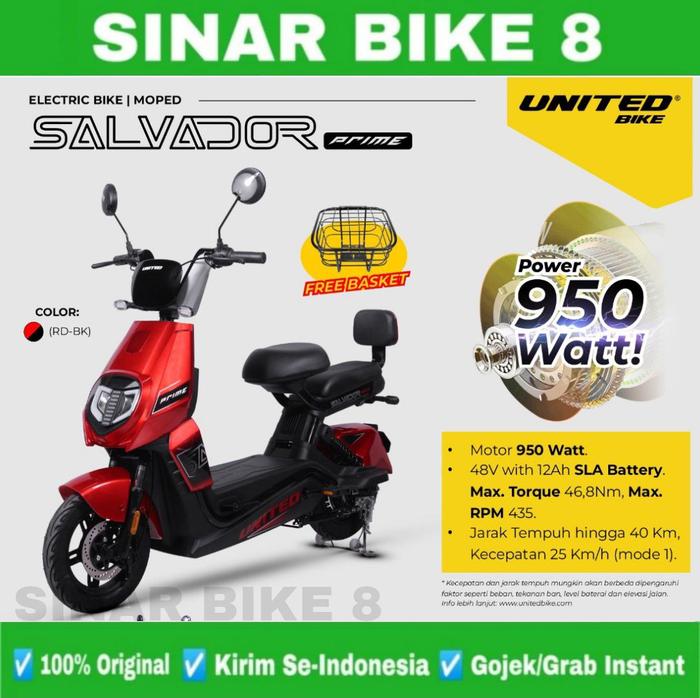 Gambar Sepeda Listrik UNITED SALVADOR PRIME Electric E Bike 950 Watt 12 AH - RD-BK dari Toko Sepeda Sinar Bike 8 undefined Tokopedia