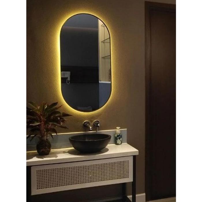 Gambar Cermin Oval kapsul/wastafel mirror/kamar mandi toilet/cermin led - LED+touch dari via grosir jaya undefined Tokopedia