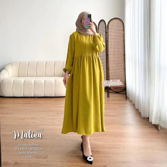 Midi Dress Premium LD 110 Malina Bahan Crinkle Airflow Busana Muslimah -  Black di Shopping Solo | Tokopedia