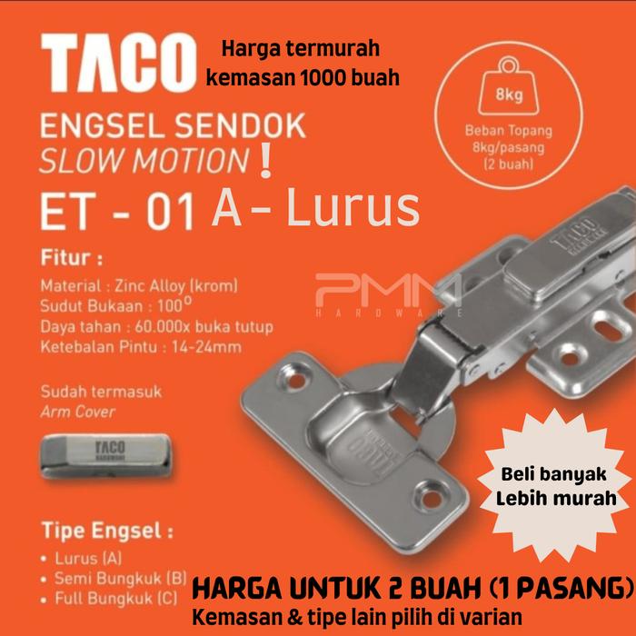 Gambar Engsel Sendok Slow motion Taco ET Lurus / Setengah / Full Bengkok - 2BH LURUS 01A dari fitting no1 undefined Tokopedia