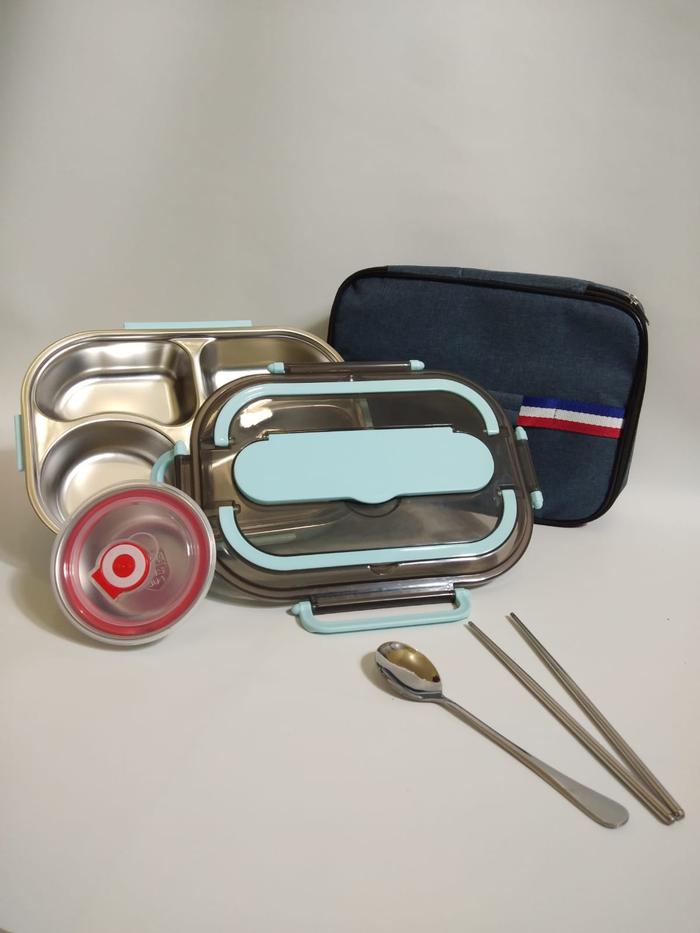 Gambar New Lunch box sekat 4 kotak bekal dengan 2 gagang - Biru +Tas, Custom Nama dari Sweetyhomeshop undefined Tokopedia