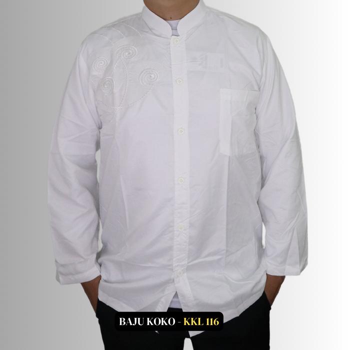Gambar Baju Koko Kemeja Muslim Pria - Katun Hitam Putih Panjang Casual Dewasa Motif Bordir - KKL 116, L dari Gudang Fashion Id undefined Tokopedia