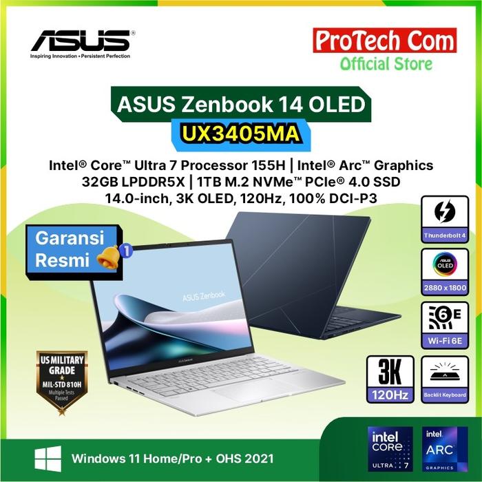 Gambar ASUS Zenbook 14 OLED UX3405MA Ultra 7 155H 32GB 1TB 14" 3K OHS W11 dari ProTech Com undefined Tokopedia