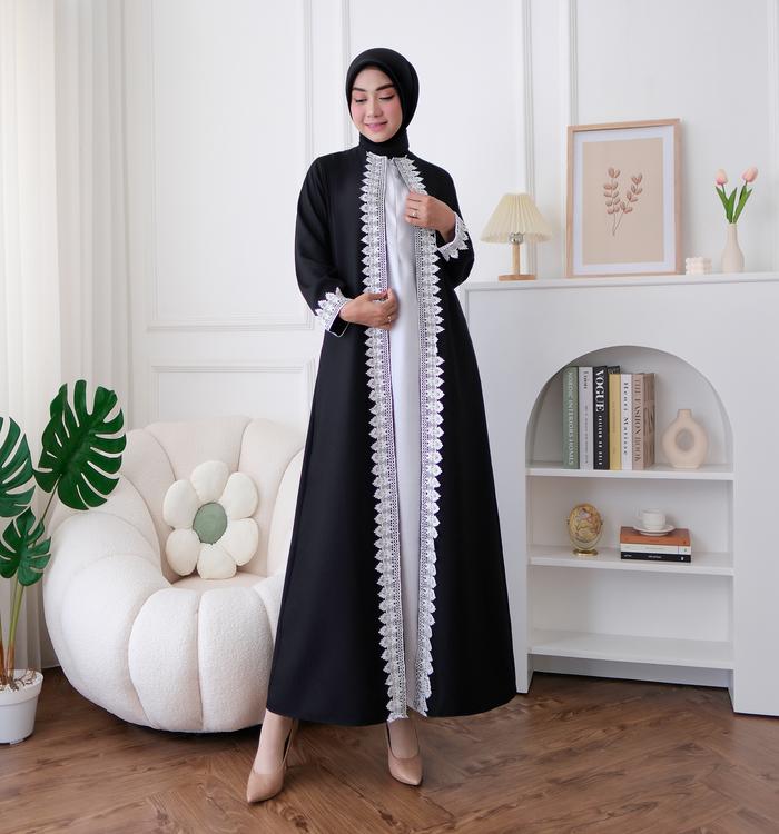 Gambar Dress Wanita Raya Hitam Putih Renda / Gamis Semi Formal Azeema Busui - Hitam, M dari Amila Boutique undefined Tokopedia