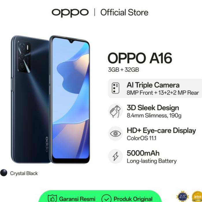 Gambar OPPO A16 RAM 3/32 GB GARANSI RESMI - CRYSTAL BLACK, 4/64 GB dari Sahabat Phoneshop undefined Tokopedia