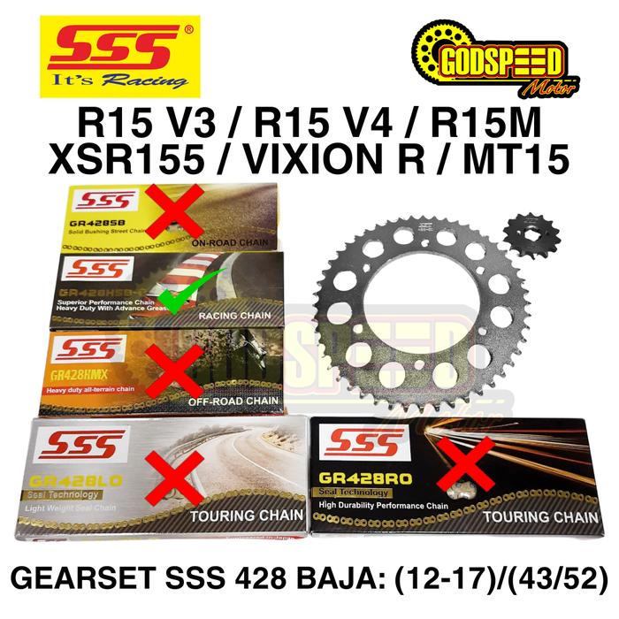 Jual GEARSET/GIRSET/GIR SET SSS R15 V3 / VIXION V3 428 RANTAI SSS GOLD HSBT Jakarta Utara
