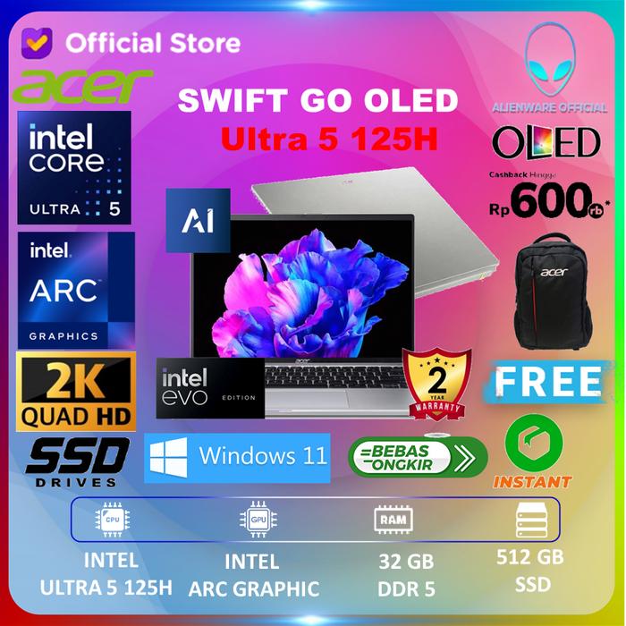 Gambar ACER SWIFT GO OLED SFG14 ULTRA 5 125H 32GB 512GB W11+OHS 14.0 2.8K - UNIT dari AI Official Store undefined Tokopedia