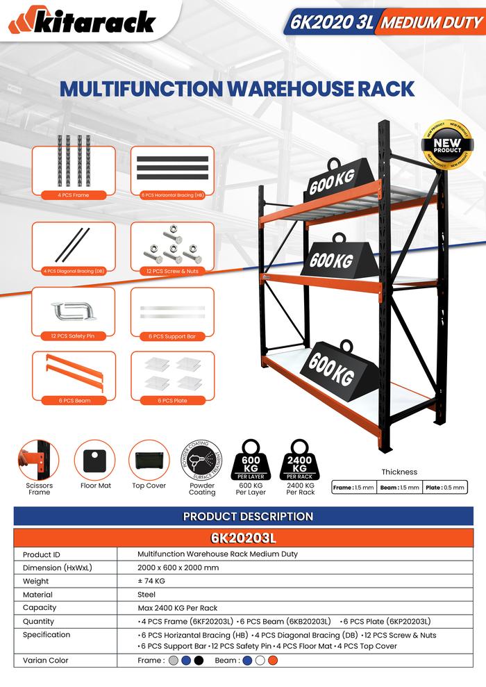 Promo KITARACK 6K2020 3L- RAK GUDANG 2000 X 600 X 2000MM 600KG/LAYER ...