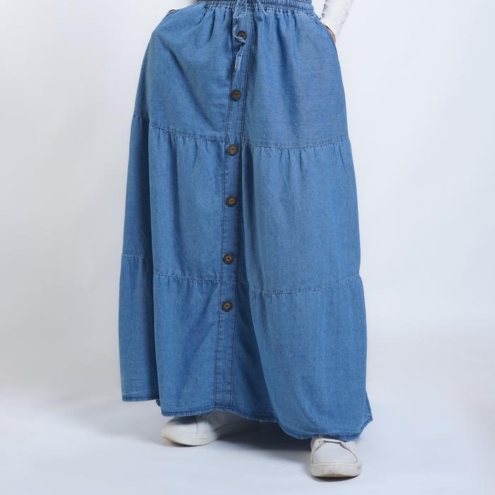 Gambar DLINE Rok Panjang Jeans Wanita Bigsize Jumbo Bawahan Denim Cewek Pinggang Karet Maxi Byron 303 Skirt Fit Casual Simple milana rok  jeans rok rok  jumbo Pendek - Biru Muda, All Size dari DLINE OS undefined Tokopedia