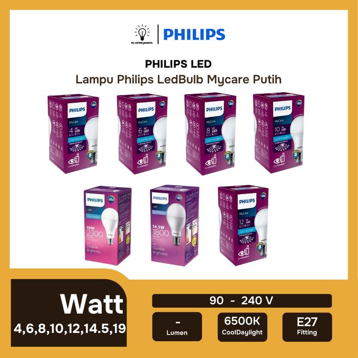 Gambar Lampu Bohlam Philips LED Bulb 4W 6W 8W 10W 12W 14.5W 19W E27 MyCare - CW 6500K, 4W dari Tk. Listrik Jakarta undefined Tokopedia