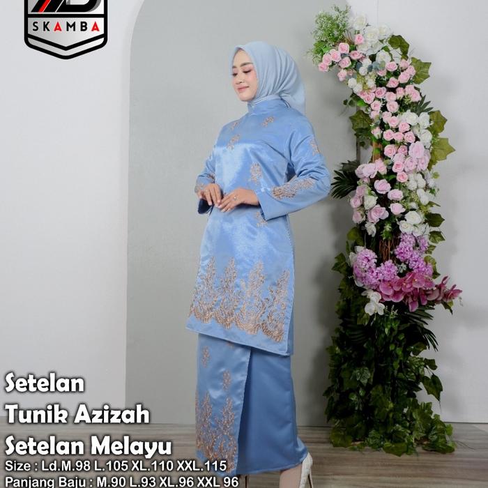 Gambar Oneset Tunik Melayu Azizah Baju Kurung Kebaya Modern Pesta Satin - DENIM, XL dari Skamba store undefined Tokopedia
