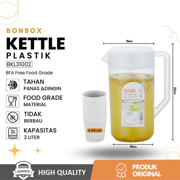 Gambar BONBOX BKL31002 Teko Kettle Plastik Panas Dingin Free Gelas 4pcs - Putih dari OborBaru undefined Tokopedia