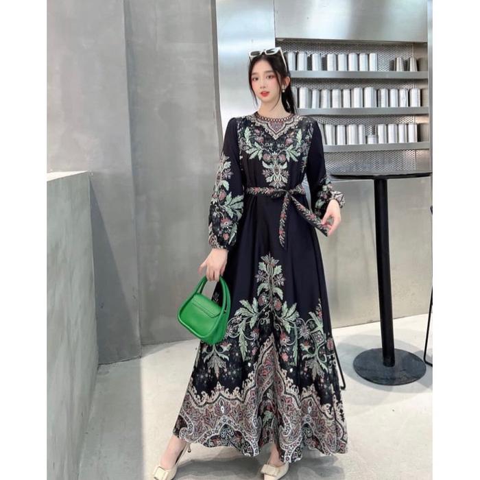 Gambar ONNIEFASHION DRESS WANITA MAXI ESTILO ELEGAN IMPORT / IVORY - Hitam Bkk Sage dari onniefashion undefined Tokopedia