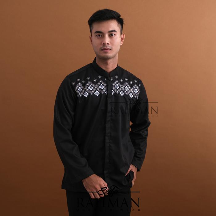 Gambar Syfa Rahman - Baju Kemeja Koko Bordir Lengan Panjang Katun Mirza Series - Black, XL dari Syfarahman daily Kota Tasikmalaya Tokopedia