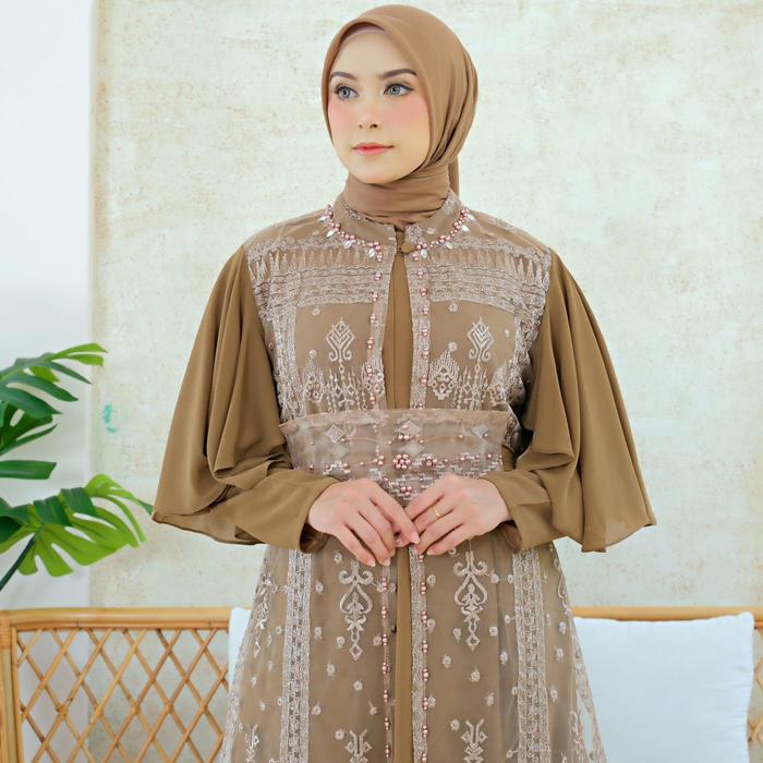 Gambar Gamis model renjana kardigan tille sapto - mocca, XXL dari Aillen Fashion undefined Tokopedia