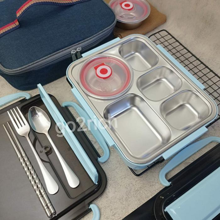 Gambar Tempat Makan Set Lunch Box Stainless Steel 304 Tas Sendok Makan Set - Biru 5 Sekat dari go2rich undefined Tokopedia