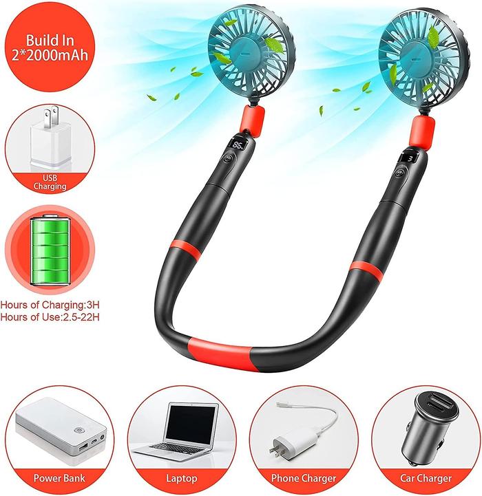 Gambar Kipas Angin Leher USB Charge Portable 2 in 1 LED Display 4000mAh - Hitam dari Lakuge undefined Tokopedia