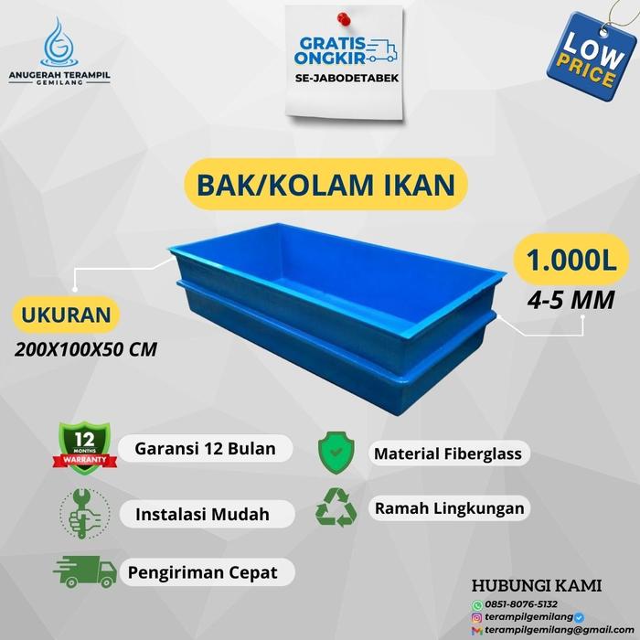Gambar Bak/Kolam Ikan Fiberglass Persegi 1400 Liter (200 X 100 X 70 Cm) - 1000 liter dari Terampil Fiberglass undefined Tokopedia