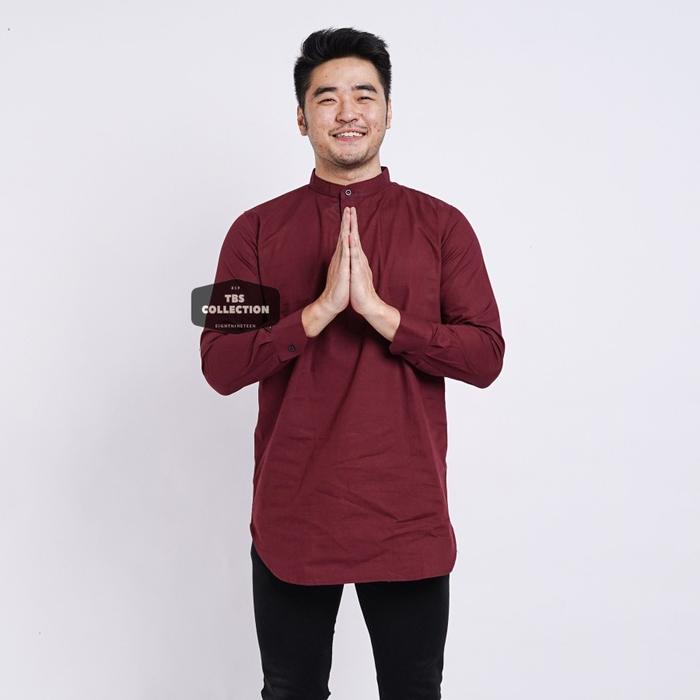 Gambar Baju Koko Kemeja Kurta Lengan Panjang Pria Cowok Merah Maroon Polos - MERAH MAROON, M dari Eight Nineteen Official undefined Tokopedia