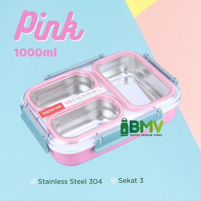 Gambar Lunch Box Stainless Anti Tumpah Tedemei Premium Sekat 3 - Pink dari Botol Minum Viral undefined Tokopedia