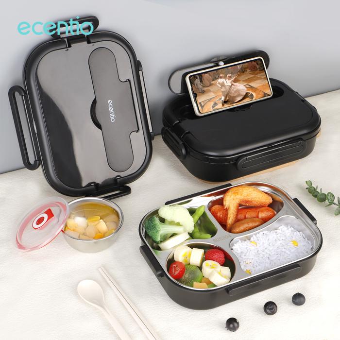Gambar ecentio 1L Kotak Makan stainless 304 Tempat Makan Lunch Box 4/5 Sekat Hitam Kitchenware Sendok Steel Sumpit - Hitam dari ecentio.indonesia undefined Tokopedia