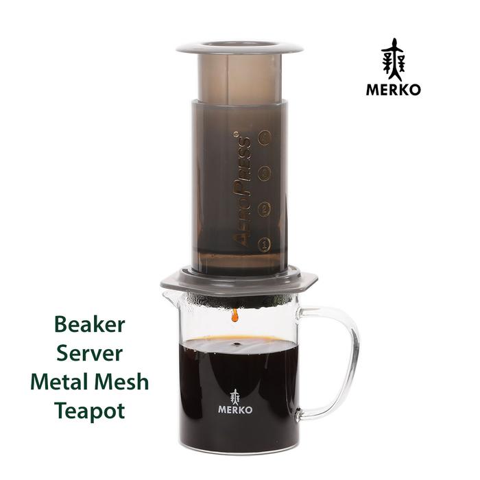 Jual Glass tea pot metal mesh 350ml beaker coffee server kaca