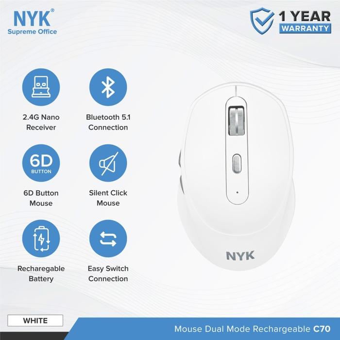 Gambar Mouse NYK C70 Silent Click Dual Mode Bluetooth Wireless Rechargeable - Putih dari Aquarius Ofc Kota Administrasi Jakarta Barat Tokopedia