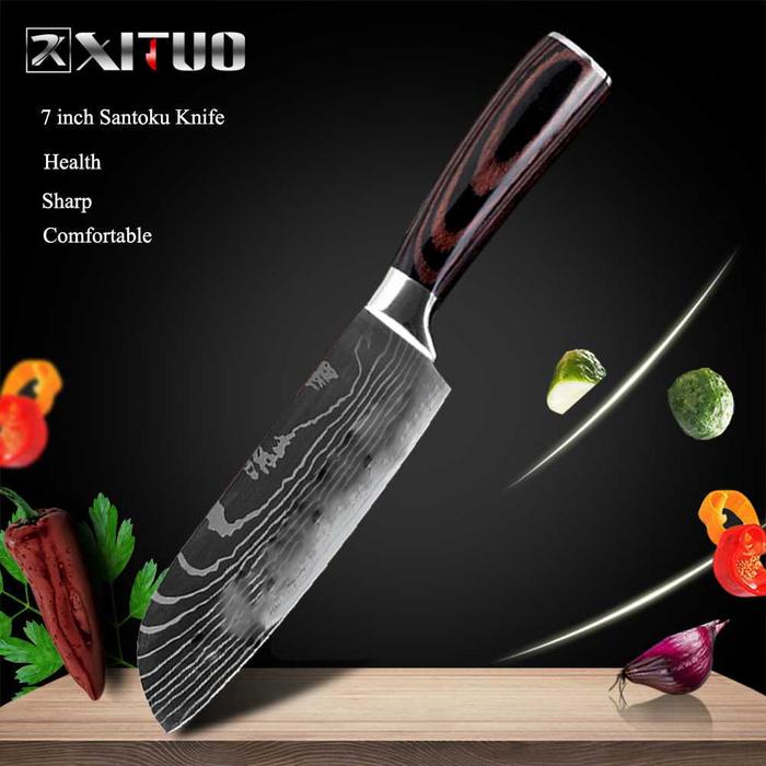 Gambar XITUO Pisau Dapur Stainless Steel Chef Knife Damascus Pattern - 7 Inch Santoku dari DiBudgetin undefined Tokopedia