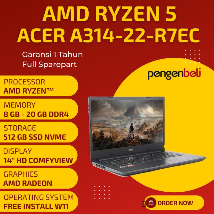 Jual Acer Aspire A314-22-R7EC RAM 12GB SSD 512GB AMD Ryzen