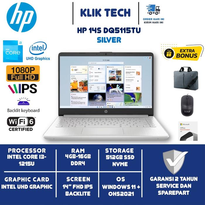 Hp 14S DQ5115TU Intel I3 1215u 4GB 512GB Fhd Bl Windows 11 OHS  UNIT+BONUS, 8GB/512GB
