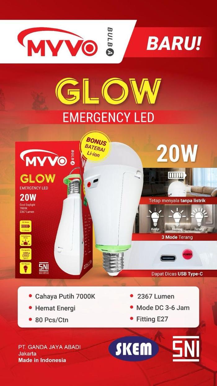 Gambar Lampu LED Emergency Myvo Glow 20 Watt / Lampu Darurat (2 Battery) dari Sinar Bintang 18 undefined Tokopedia