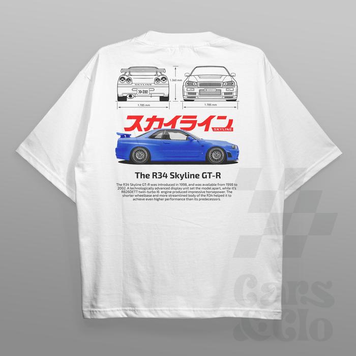 Gambar Cars and Clo - Regular Fit - Nissan Skyline GT R34 Blueprint T-Shirt - W - R34 Blue, S dari Cars&Clo Store undefined Tokopedia