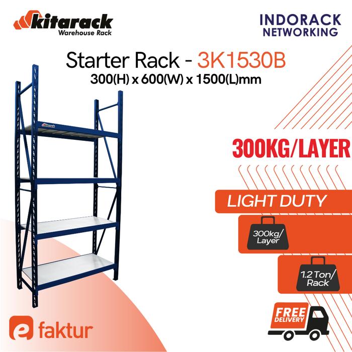 Gambar Rak Gudang Besi 300kg / Layer Rack Gudang 3M 4 Susun Panjang 1.5M Biru - Biru, 3 Layer dari Indorack Networking undefined Tokopedia