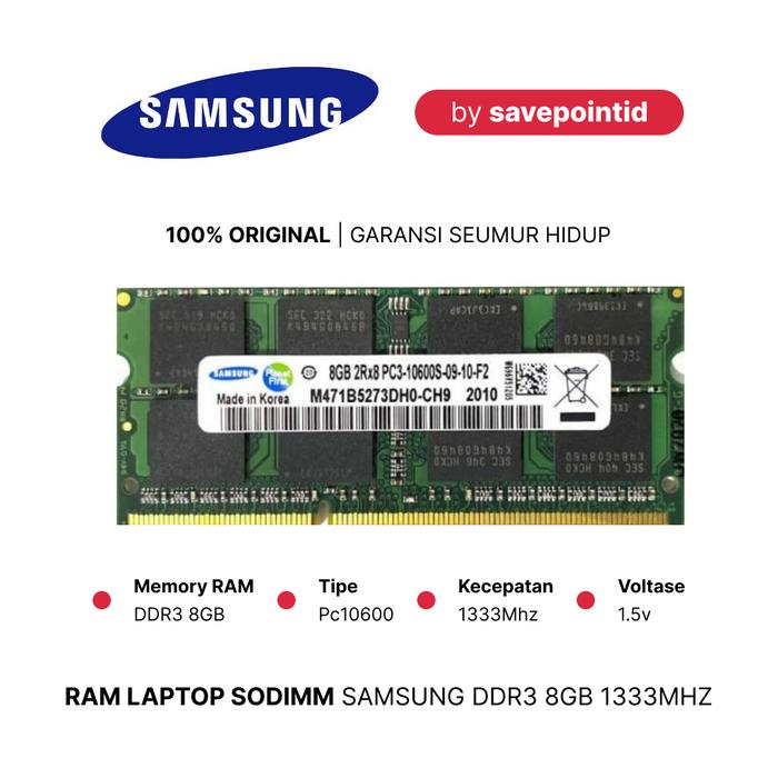 Jual RAM LAPTOP SAMSUNG 8GB DDR3 10600/1333 Mhz (NON L