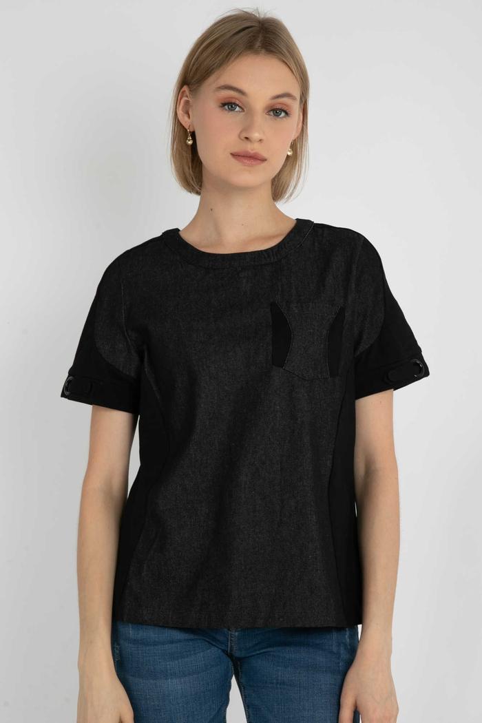 Gambar *Ready Stok* SISTER'S - Atasan Denim Kombi Kaos 7165 (CAP) - Hitam, M dari Sisters Fashion Group undefined Tokopedia