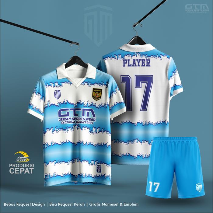 Jual JERSEY BOLA FUTSAL BIRU PUTIH KERAH RETRO FREE CUSTOM