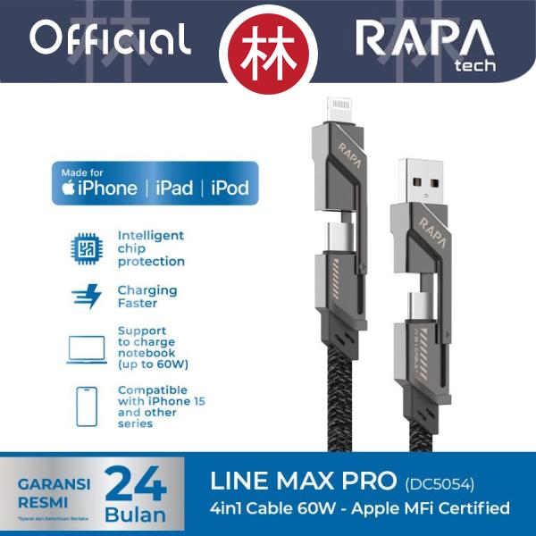 Gambar RAPAtech DC5054 - LINE MAX PRO 4-in-1 Cable 60W - Apple MFi Certified - DC5054 MFi Only dari RAPAtech Jakarta Kota Administrasi Jakarta Barat Tokopedia
